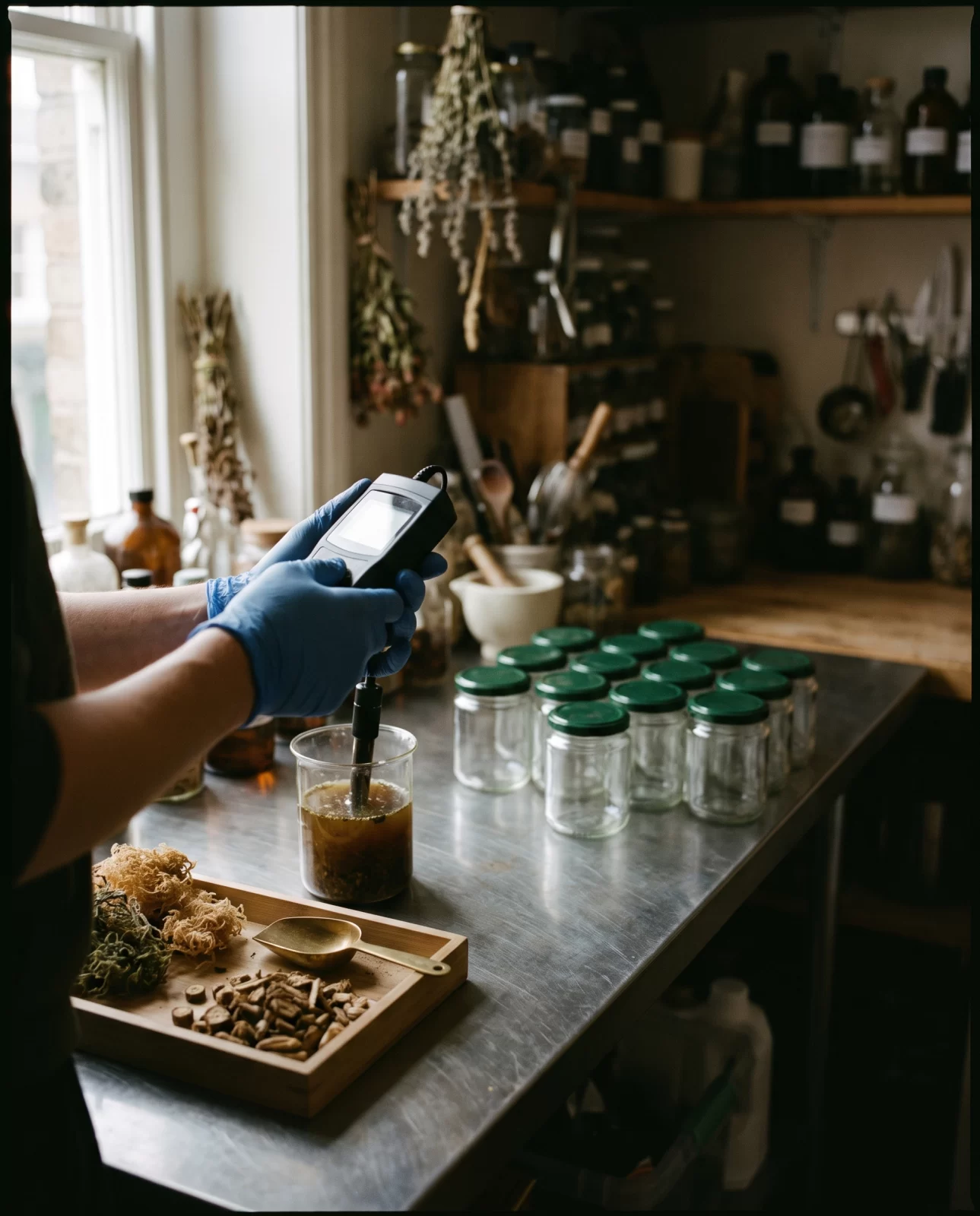 A pH meter reading a batch on the workbench, beside wild-harvested sea moss and burdock root and a row of empty jars