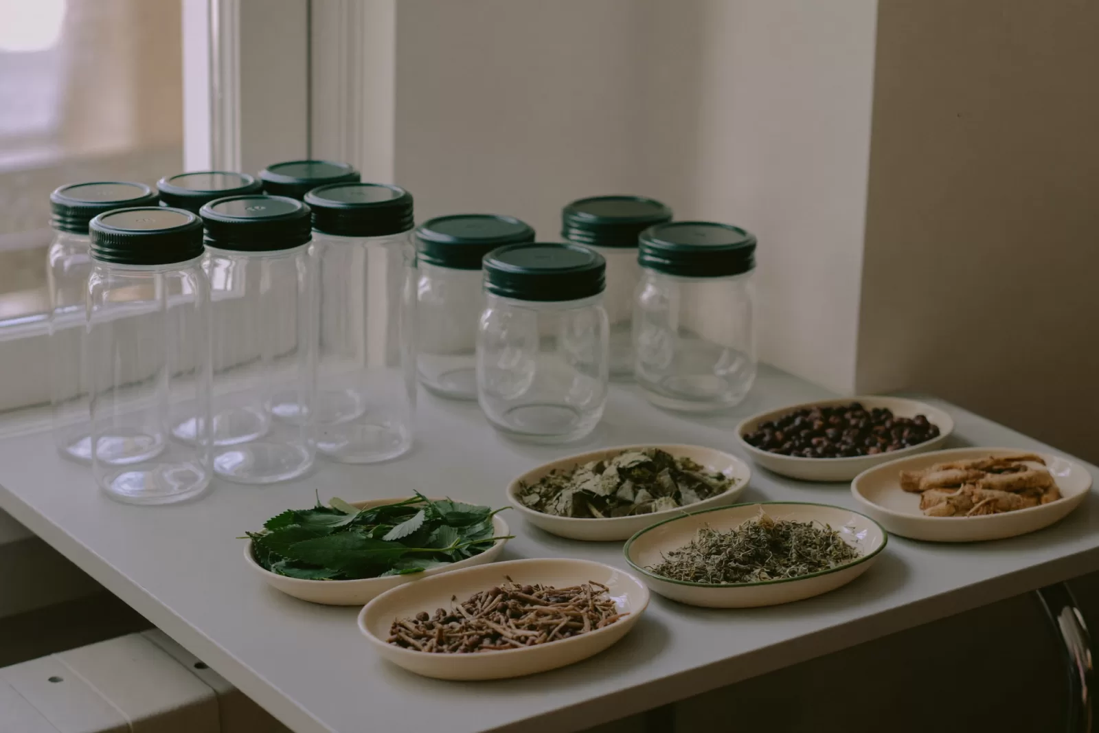 Dishes of dried herbs, roots and leaves beside empty glass jars with green lids, by a window