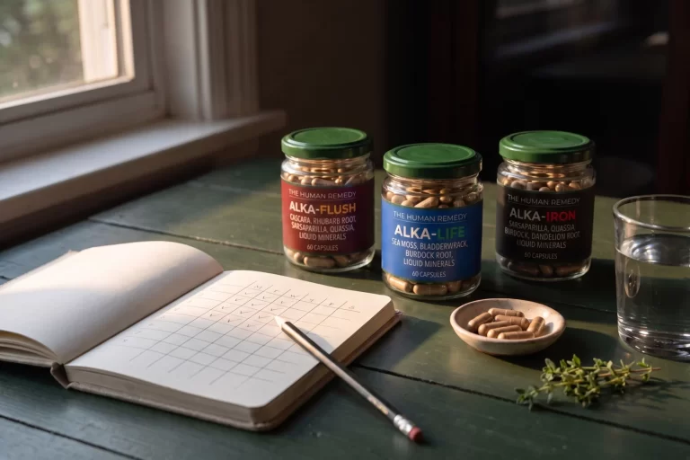 An open log notebook and pencil, a glass of water, a small dish of capsules and the three Cleanse Package jars on a dark green table in morning light