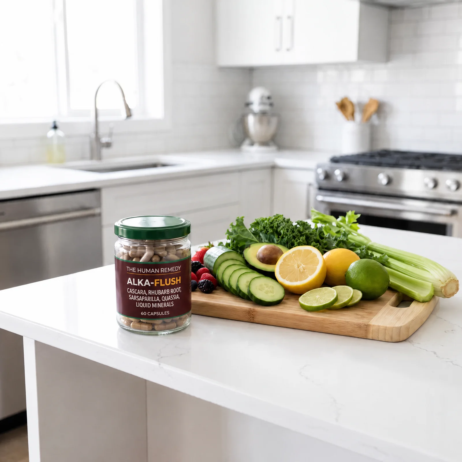ALKA-FLUSH jar beside a board of cucumber, citrus and berries
