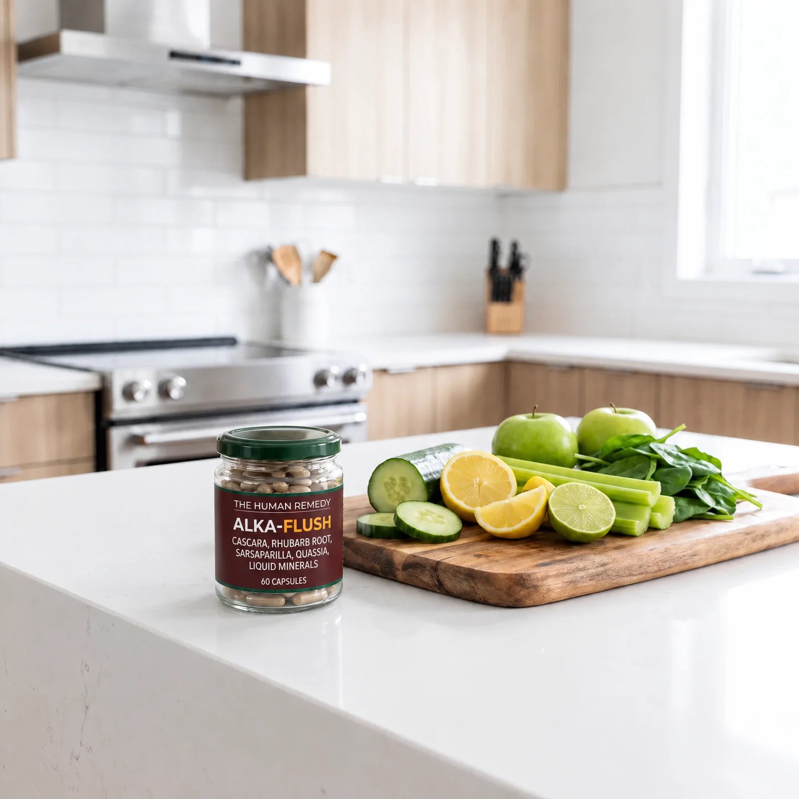 ALKA-FLUSH jar beside a board of cucumber, apples and celery