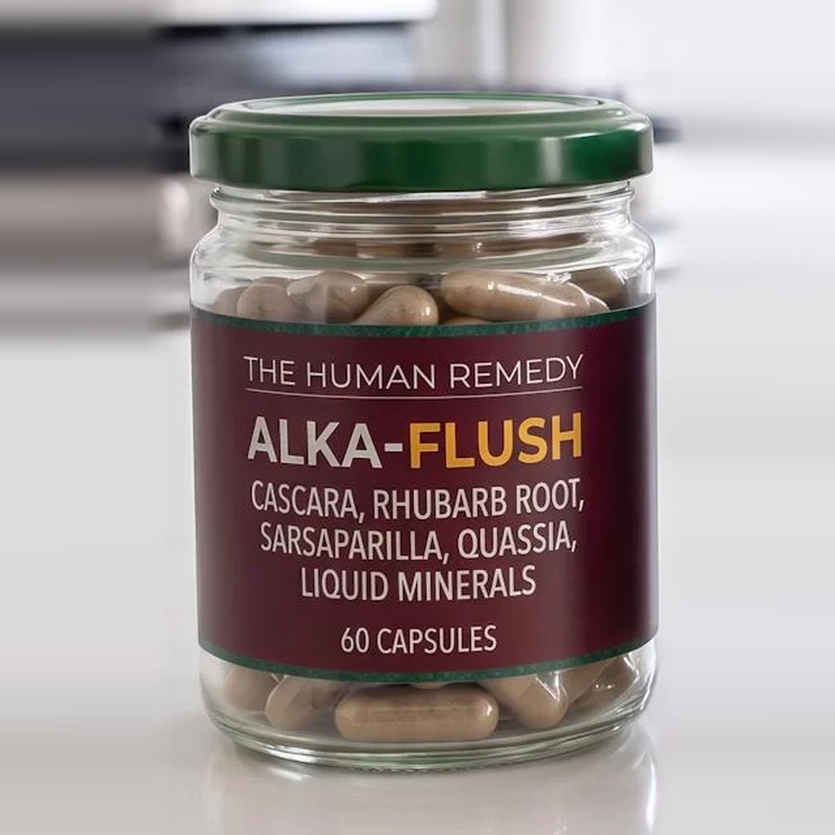 ALKA-FLUSH jar: cascara, rhubarb root, sarsaparilla, quassia and liquid minerals, 60 capsules
