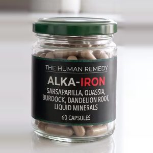 ALKA-IRON jar: sarsaparilla, quassia, burdock, dandelion root and liquid minerals, 60 capsules