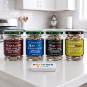 The four jars, ALKA-FLUSH, ALKA-LIFE, ALKA-IRON and ALKA-MAGIC, with a box of pH test strips